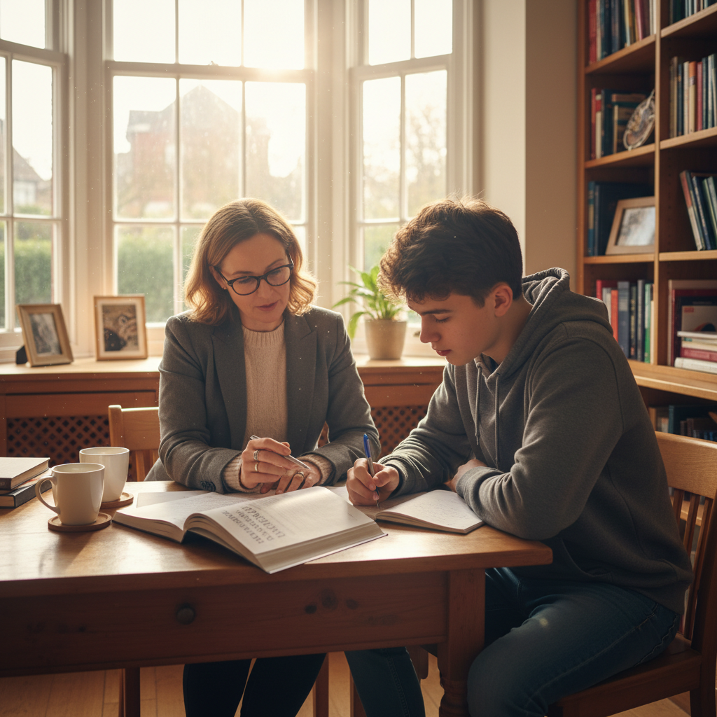 Educator providing one-to-one online tuition to a student at a sunlit study desk